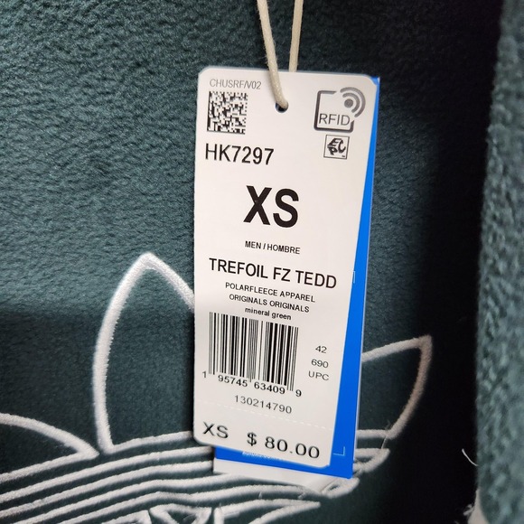 Adidas Jacket Mens XS Mineral Green Trefoil FZ Tedd Full Zip Polar Fleece HK7297 - Picture 4 of 10